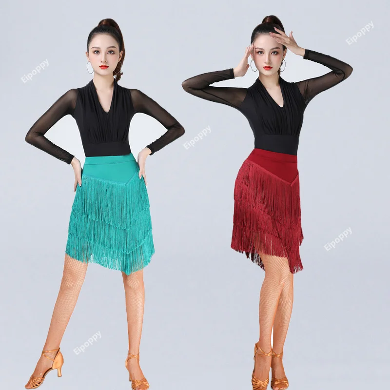 2024New Latin Dance Dress for Women Fringed Half-skirt Practice Costume Competing Performance Outfit Milk Silk Material