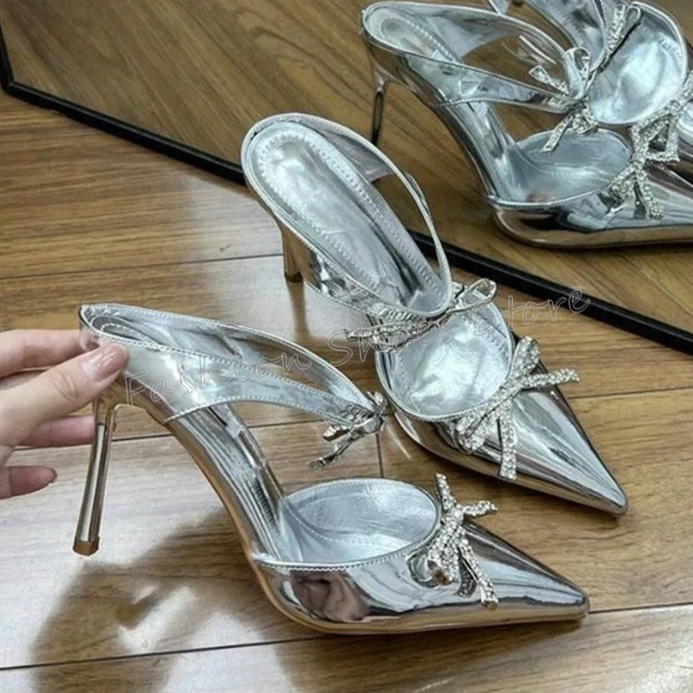 

Silver Crystal Bow knot Decor Slippers Pointed Toe High Heel Shoes for Women Fashion Heels Party Shoes 2025 Zapatos Para Mujere
