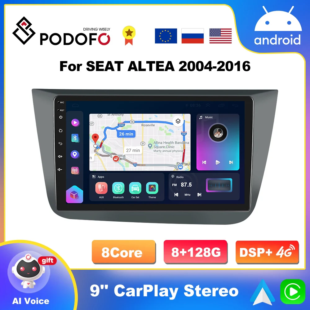 Podofo 4G CarPlay Android Radio For SEAT Altea 2004-2015 Car Multimedia Player 2din Stereo GPS Head Unit intelligent Screen DSP