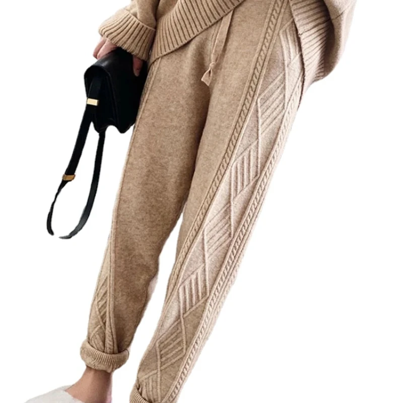 Winter Thicken Women Harem Pants Casual Drawstring Twisted Knitted Pants Femme Chic Warm Female Sweater Trousers 2023