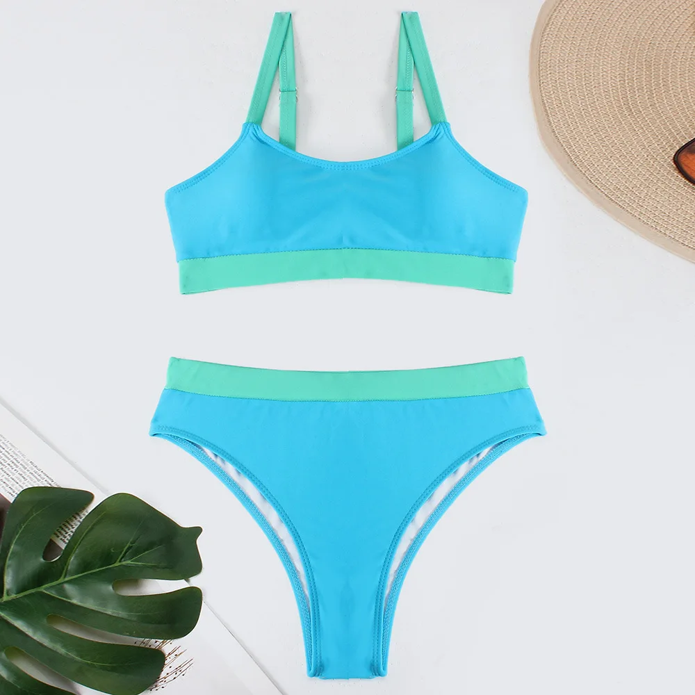 

Women High Waisted Bikini Set Sports Color Block Swimsuit Scoop Neck Cheeky Bathing Suit Two Pieces Brazilian Biquinis Beachwear