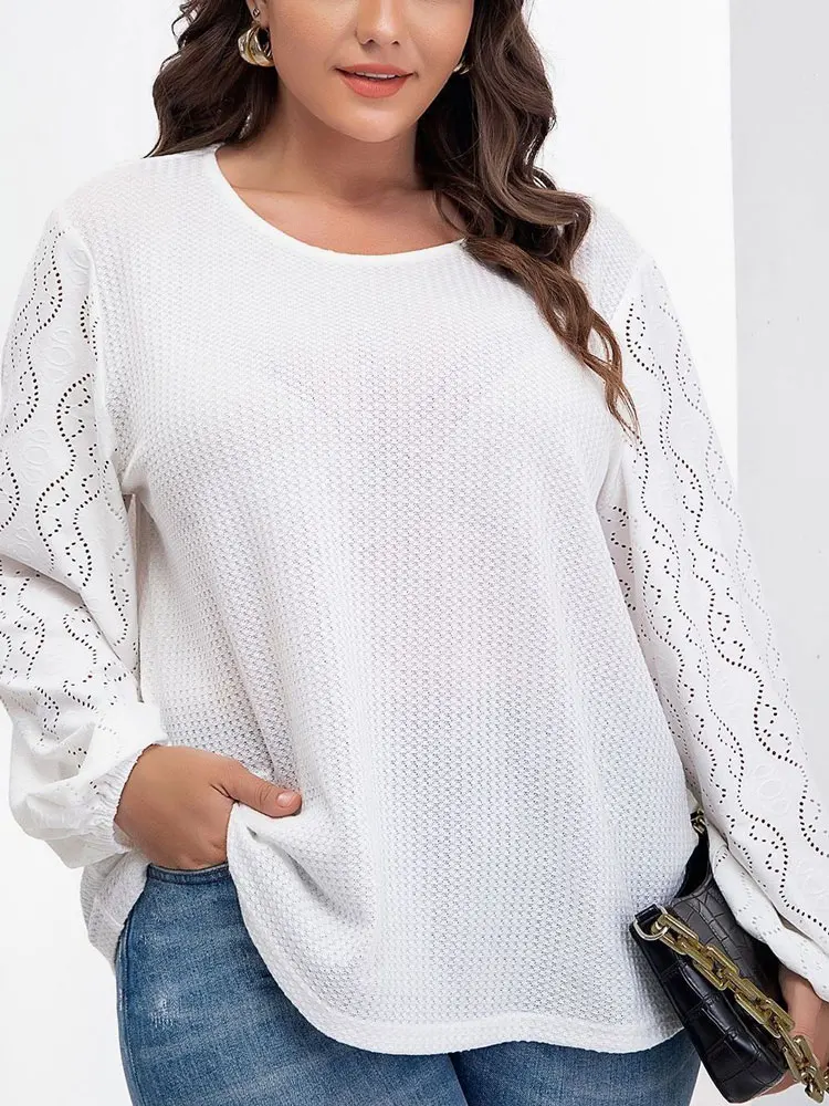 Women's O-Neck Long Sleeve T-Shirt Elegant Blouses Polyester, Plus Size Solid White ,Hollow Out Luxury Free Shipping Summer 2024