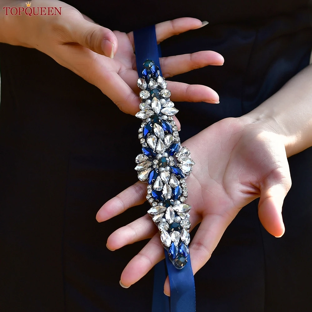 

TOPQUEEN Crystal Bridal Belt Prom Dress Sash Navy Blue Stone Applique Diamond Piece Wedding Accessory Bridesmaid Gift S407-ML