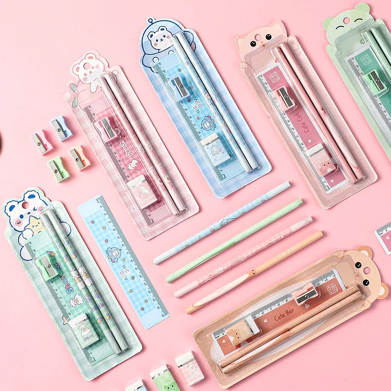 1/6/12/18pcs Pencil Ruler Eraser Set, School Supplies for Kids, Student Prize Gift, Sharpener Pencil