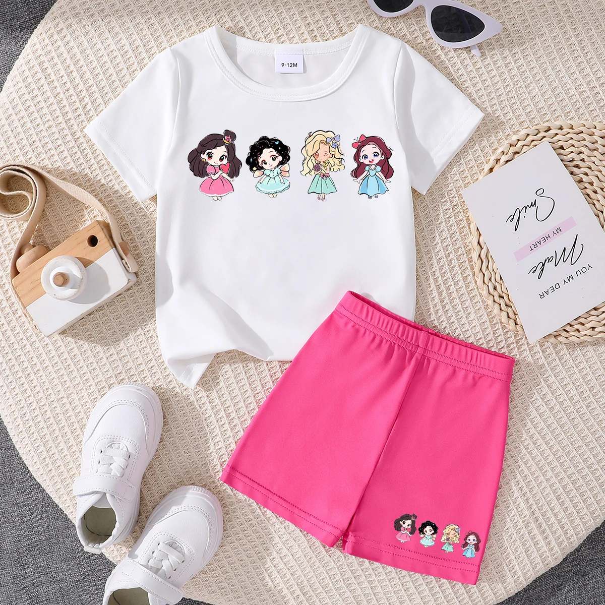 2PCS Summer Set Cute Girl Baby Girl Pattern Top Short Sleeved Round Neck T-Shirt Casual Shorts Full Moon Holiday Baby Children