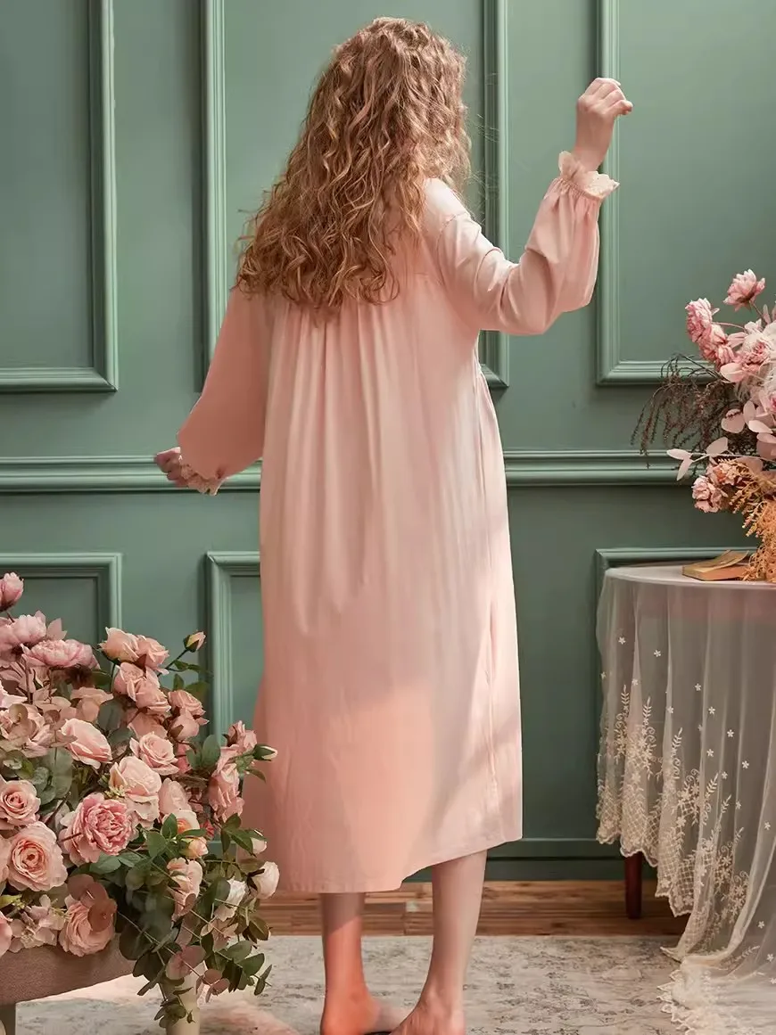 Sweet Cotton Sweet Princess Sleepwear Long Sleeve Elegant Female Solid Color Long Nightgowns Girls Spring Loose Nightwear