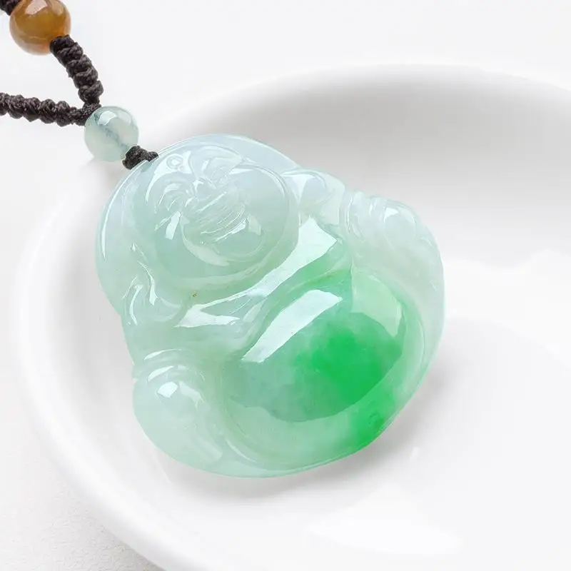Fine Jewelry Natural Jade A+ Jadeite Floating Flower Light Green Yang Green Maitreya Buddha Laughing Buddha Jade Pendant