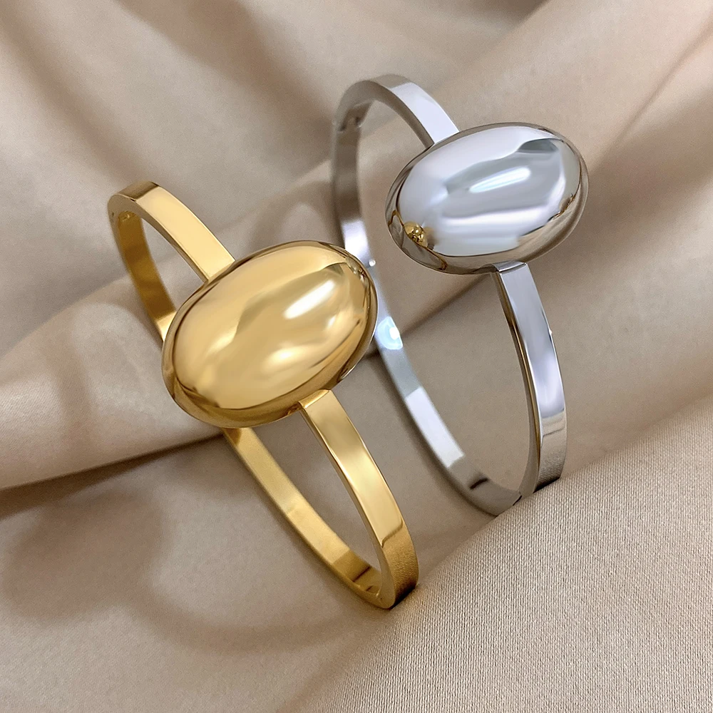 여성을위한 트렌디 한 간단한 타원형 볼 커프 팔찌 광택 부드러운 골드 실버 컬러 스테인레스 스틸 팔찌 방수 쥬얼리