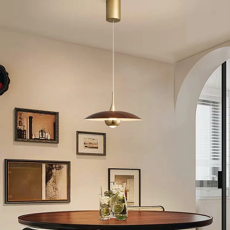 Bedroom Pendant Light Antique Style Walnut Wood Grain Dining Table Bar Lighting Retro High-end Adjustable Dining Room LED Light