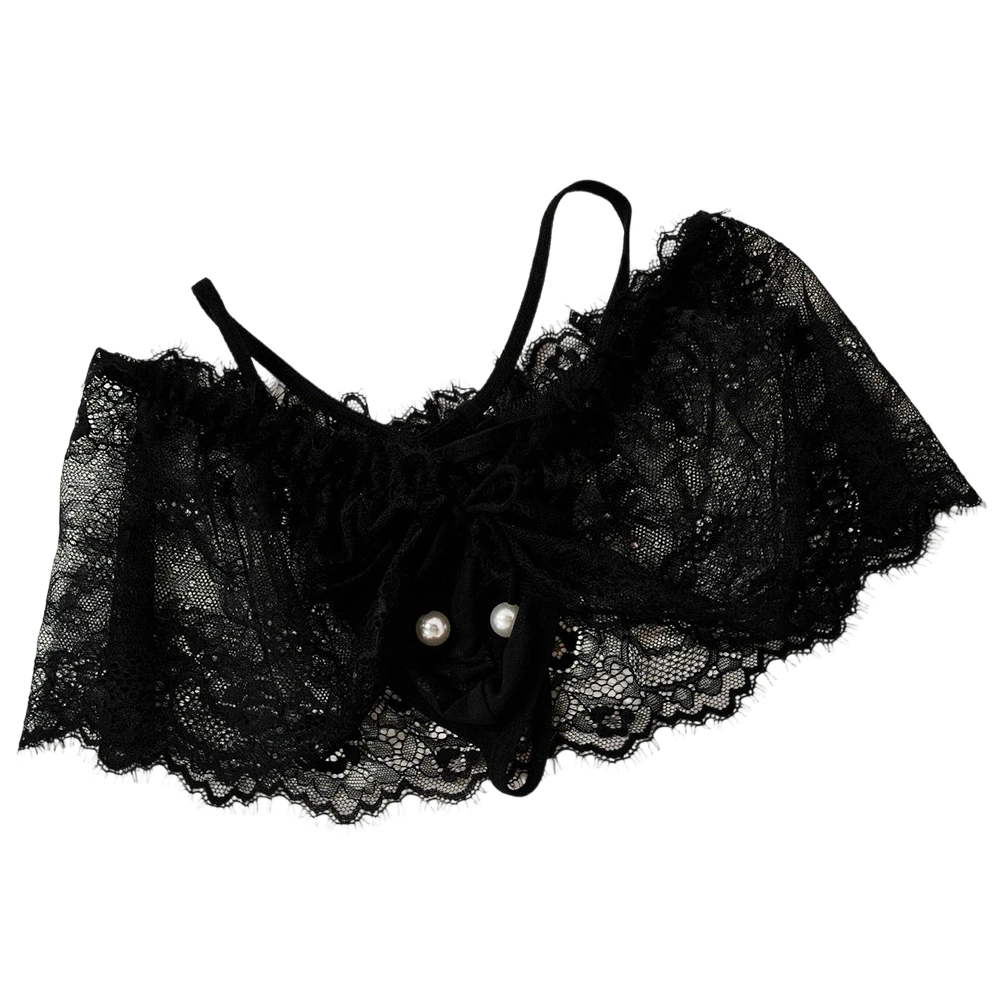 

Men 2pcs Lace Sheer Briefs Underwear Tie Up Gay Sissy Low Rise Erotic G-strings Elegant Black Lace Thong With Pearl Accents