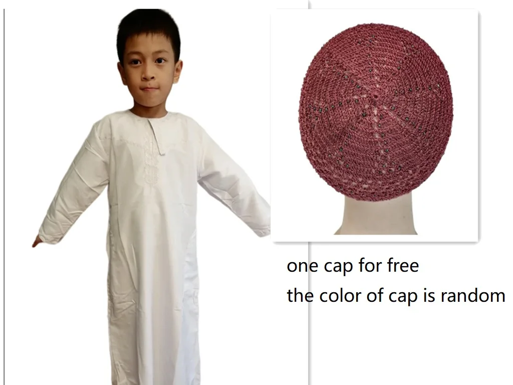 (one cap for free) Round neck Children's White embroidery Jubba Thobe Soft plain Thawb Islamic Clothing Boy Robe