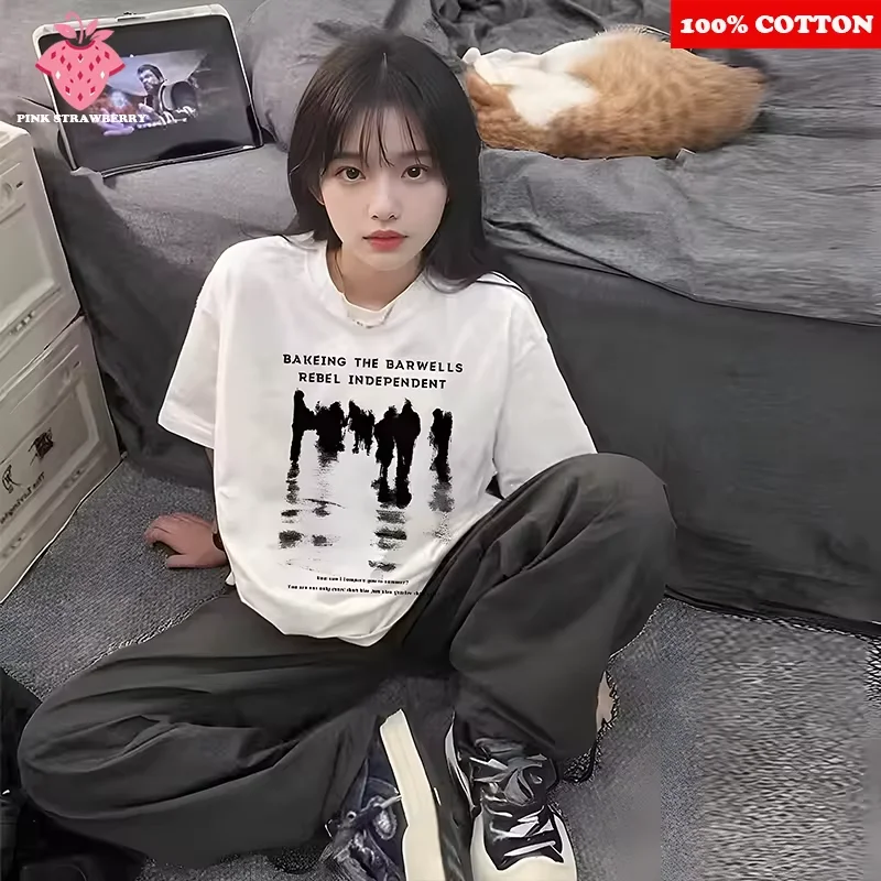 

American Retro Portrait T-shirt Women 2025 New 100% Cotton abstract Letter Print Casual Short Sleeve Tee Y2k Top Female Clothing