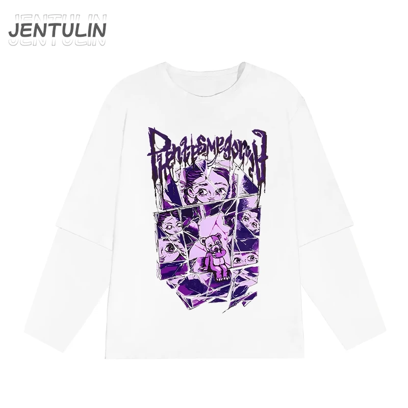 

Harajuku Oversized Streetwear Men Tshirt phantasmagoria Graphic Print Hip Hop Clothing Fake Two Pieces Long Sleeve Tops Goth Y2k