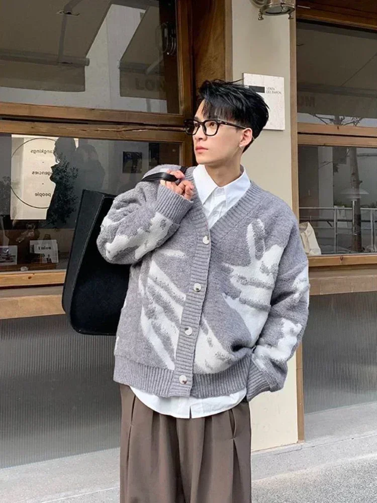 Men's Clothing V Neck Fleeced Black Knit Sweater Male Aesthetic Patchwork Cardigan Fashion 2024 Order Korean Autumn Old Baggy A