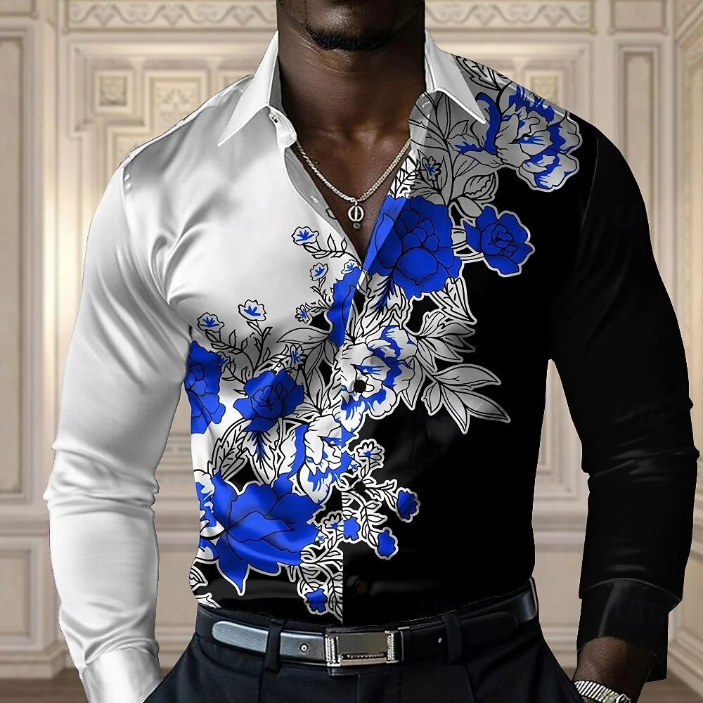 Men's Rose High Definition Pattern Printed Satin Long Sleeve Shirt, Collar Button Shirt, Casual Club Party High Quality Top