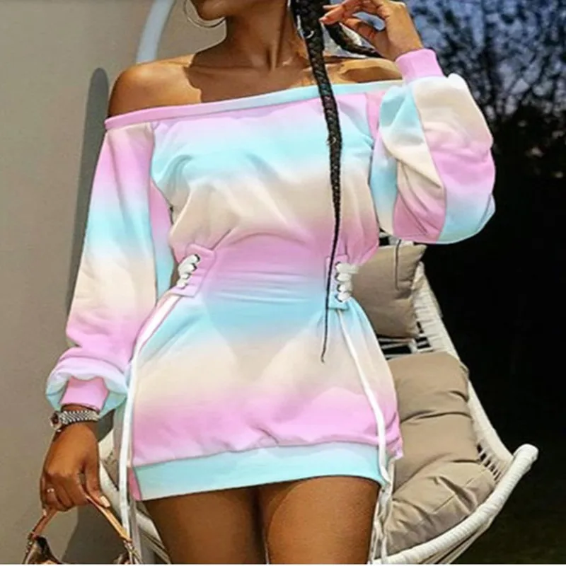 Women\'s Off Shoulder Mini Dress Autumn Winter 2023 New Style Bandage Tie Dyed Printed Long Sleeve Loose Casual Dresses for Women