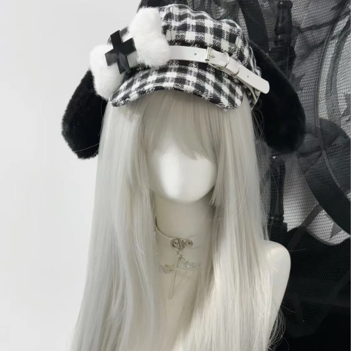 Gothic Harajuku Spicy Girl Women's Lolita Fluffy Retro Subculture Checkered Beret Y2K Hat Puppy Ears Octagonal Cap Newspaper Hat