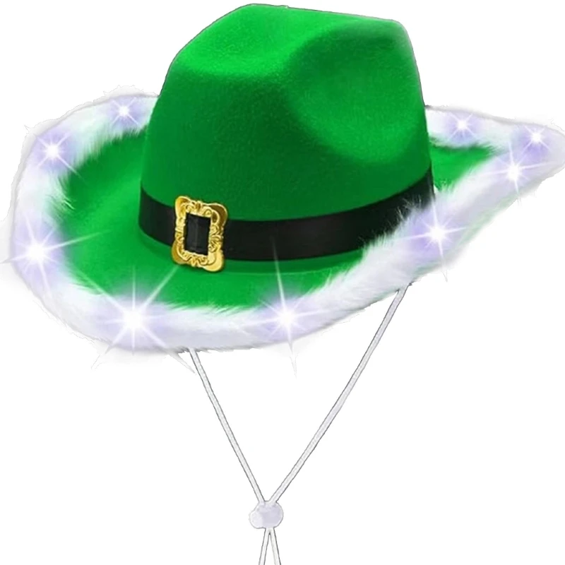 

Christmas Light Up Cowboy Hat Western Furry Brim Green Color LED Santa Hat Adjustable Flashing Fedora Costume Accessory