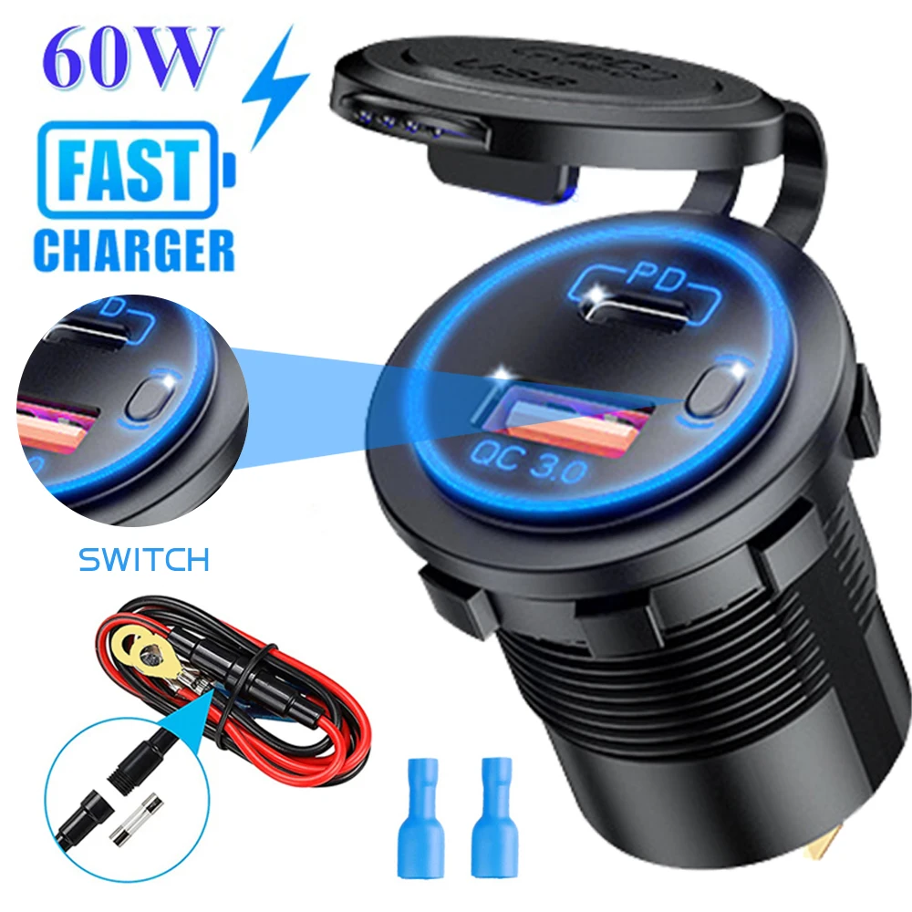 60W Quick Charge Car Charger QC3.0 USB+PD Type C Port Cigarette Lighter Socket Voltmeter Auto Power Adapter for 12V/24V Vehicle