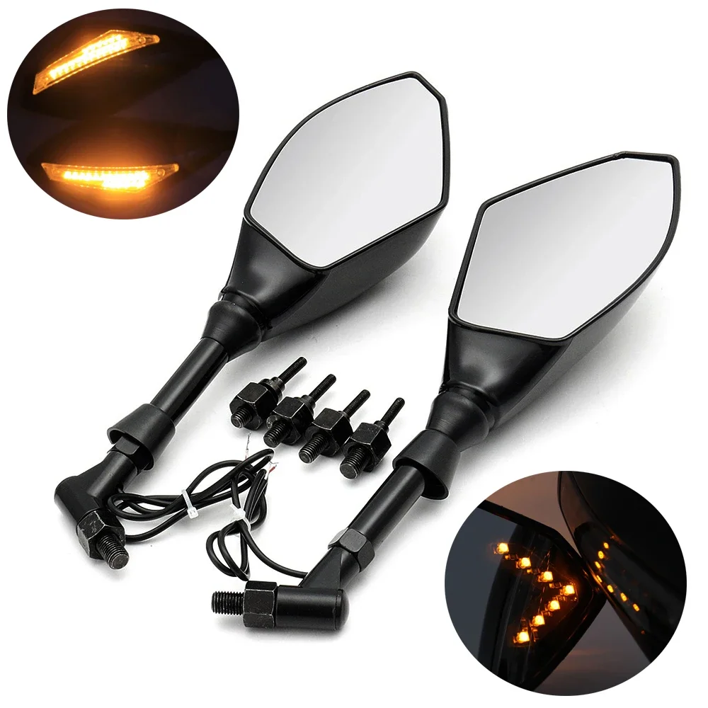 1Pair Motorcycle Rearview Side Mirrors With LED Turn Signals Motorbike Aaccessories Turn Indicators Lights for Yamaha Honda