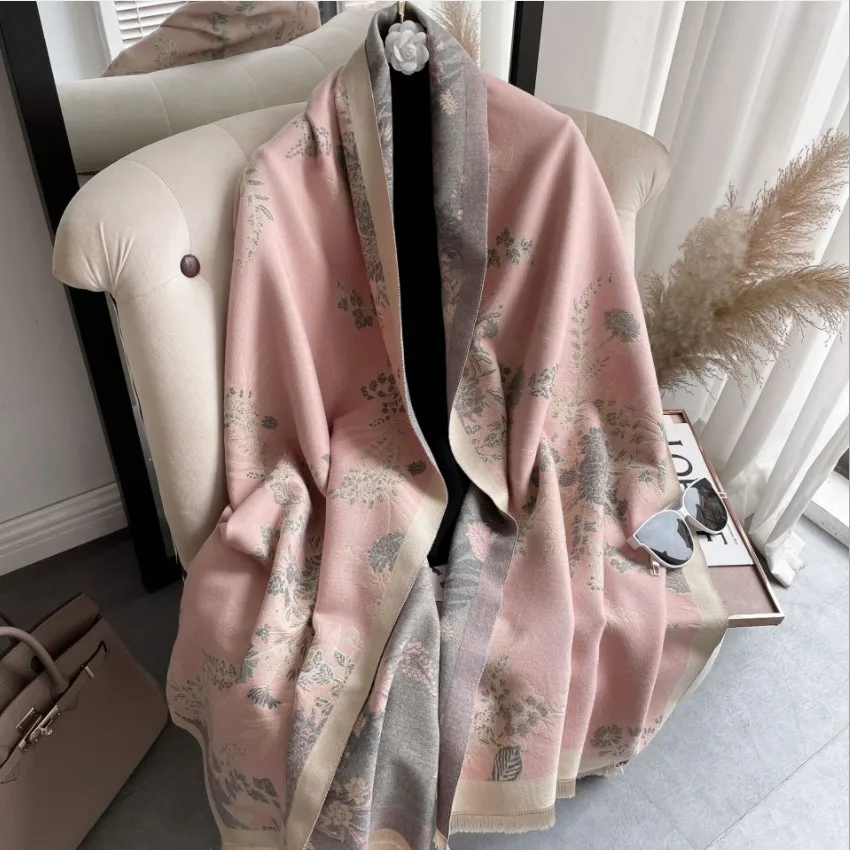 2024 Elegant Floral Painting Cashmere Scarf for Women Warm Winter Pashmina Shawl Foulard Femme Blanket Scarves Wraps