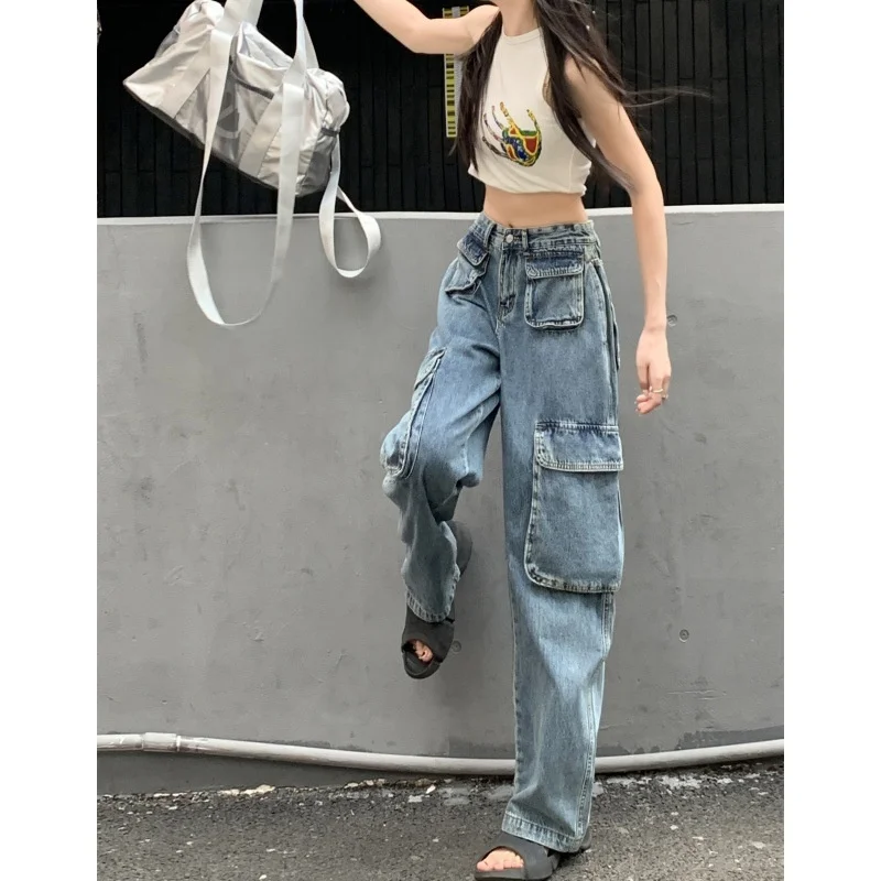 Calça jeans de perna larga feminina, streetwear vintage, jeans casual, bolso reto, solta, moda coreana