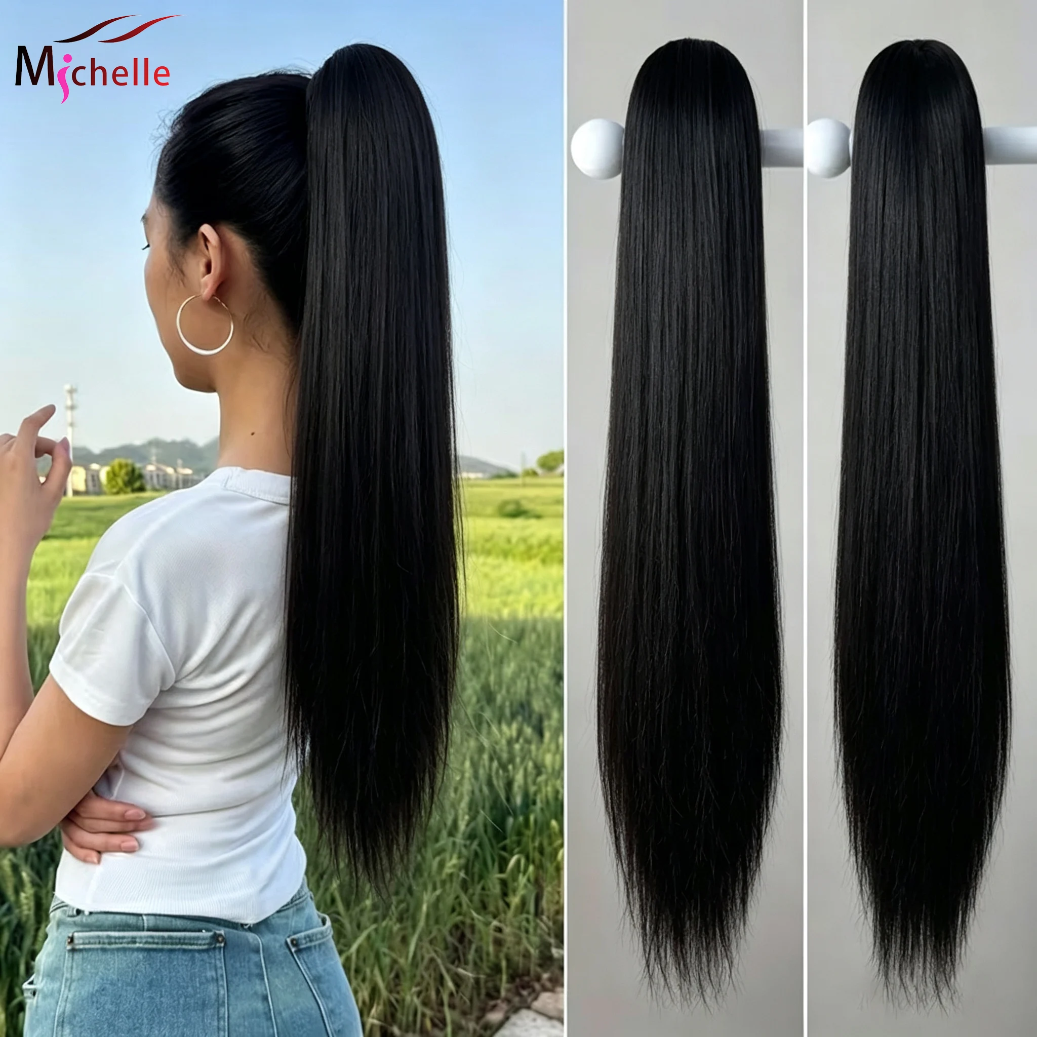100% Human Hair Ponytail Extension Straight Drawstring Ponytail Extension Natural Black #1B Brazilian Virgin Human Hair Ponytail