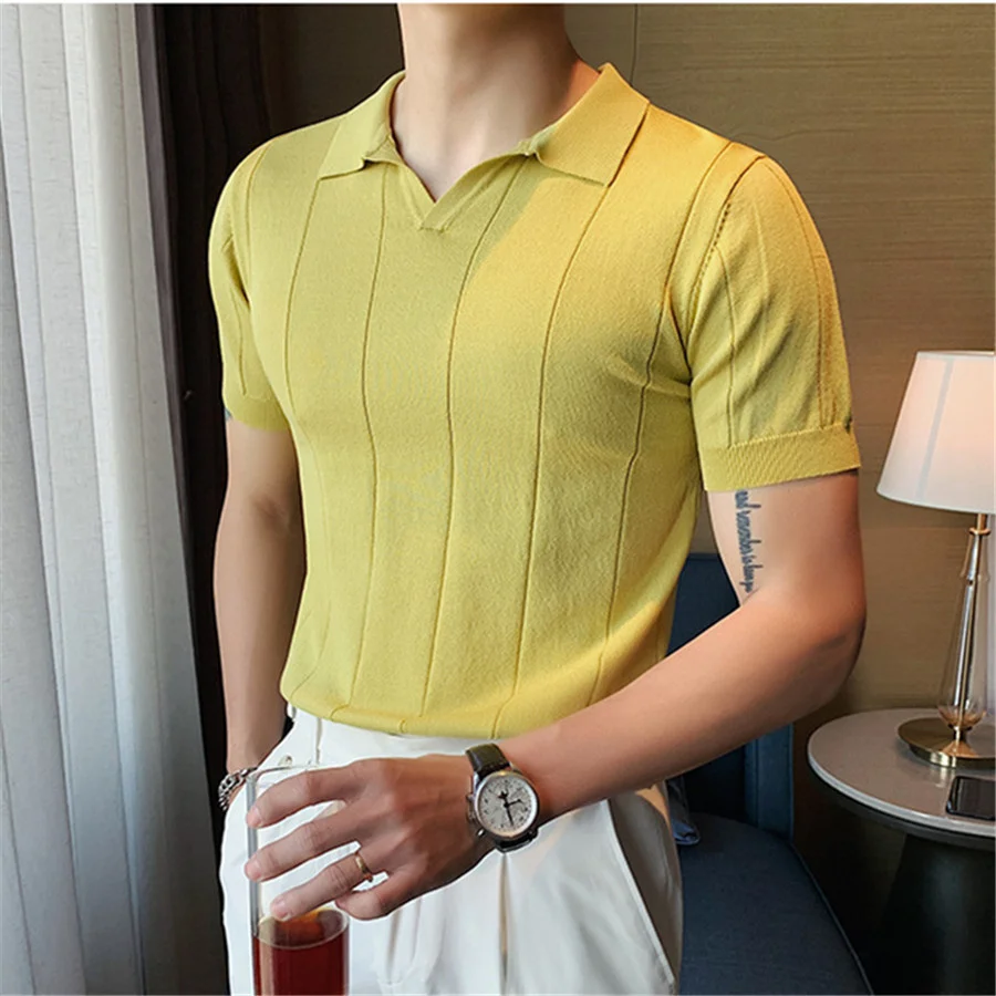 2025 جديد الصيف الرجال سليم صالح موضة الخامس الرقبة قمصان بولو محبوك تي شيرتات قصيرة الاكمام مخطط ملابس للرجال عادية تي شيرت