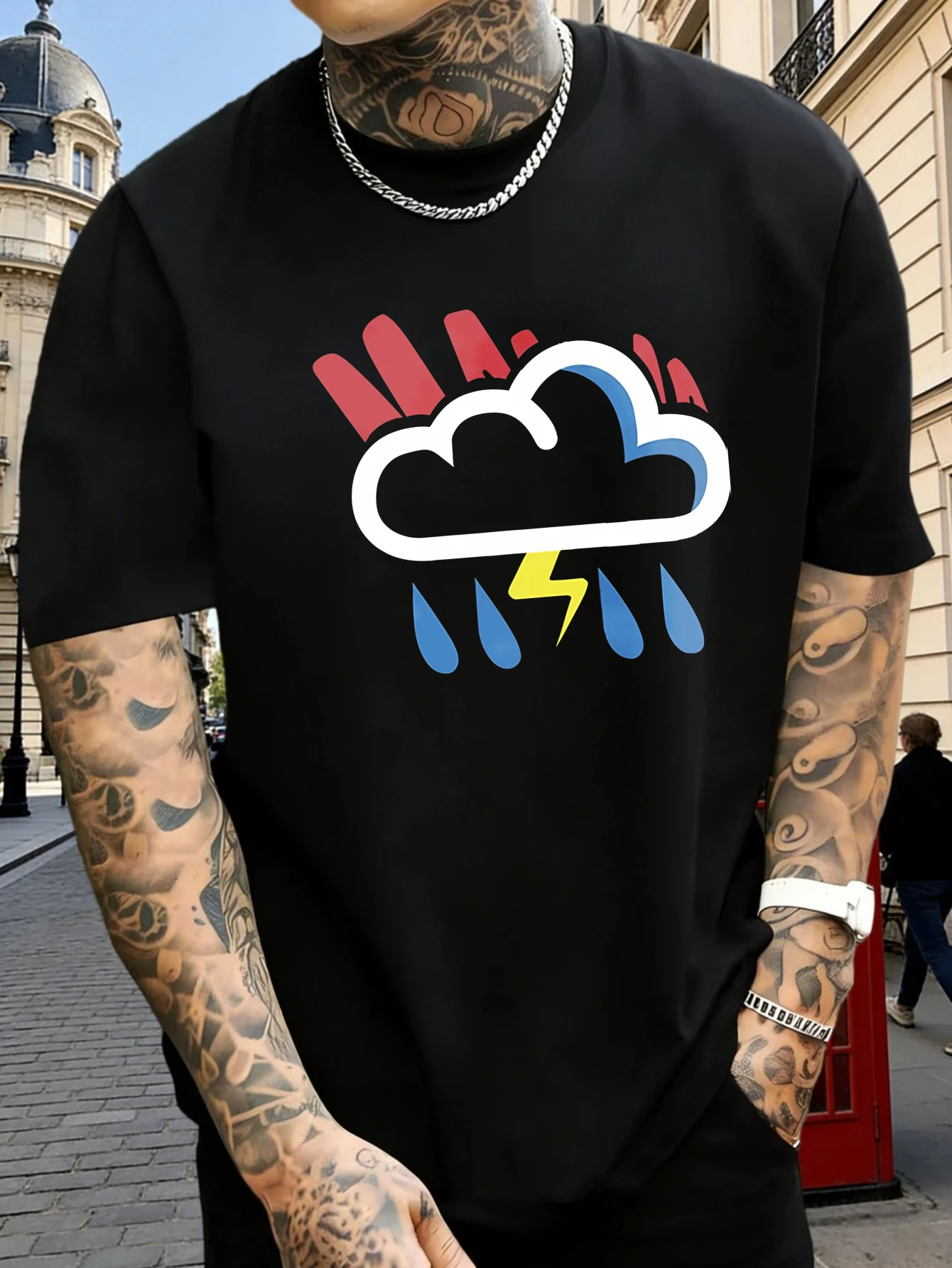 Mens Casual Short Sleeve T Shirt Cartoon Storm Cloud Print Crew Neck Cotton Tee Loose Creative Art Summer Tops For Adult Guys