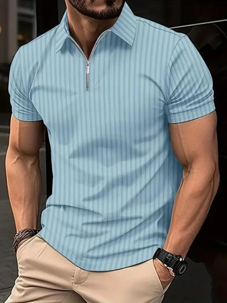 Summer Men Stripe Fashion Short Sleeve Lightweight Business Casual Polo Shirt Half Zip Solid Elastic Office Short Sleeve T-shirt image 6