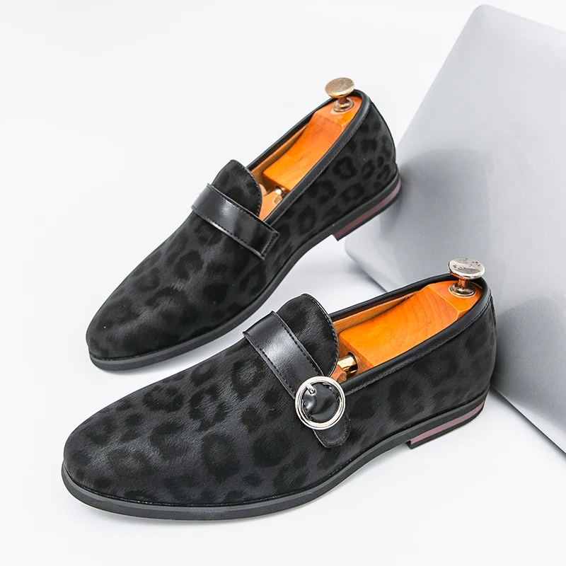 Luxury New Designer Men's Pointed Leopard Pattern Wedding Leather Shoes Male Casual Monk Strap Loafers Business Commute Footwear