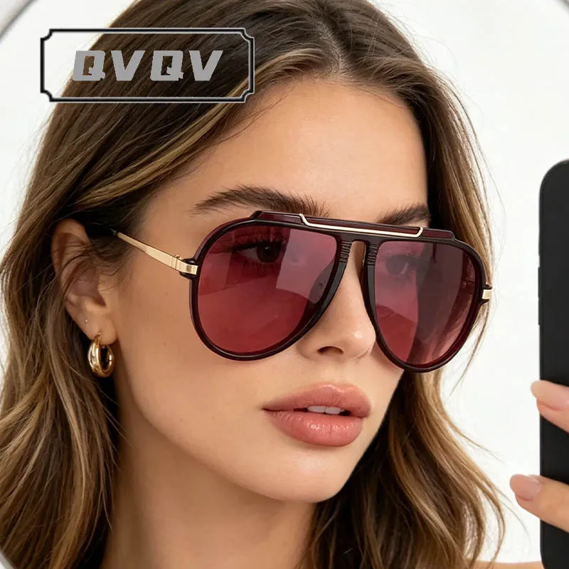 Gafas de sol de piloto redondas de diseño único QVQV, nueva moda 2026, gafas de sol magenta, gafas de sol extragrandes modernas para mujer, protección UV400
