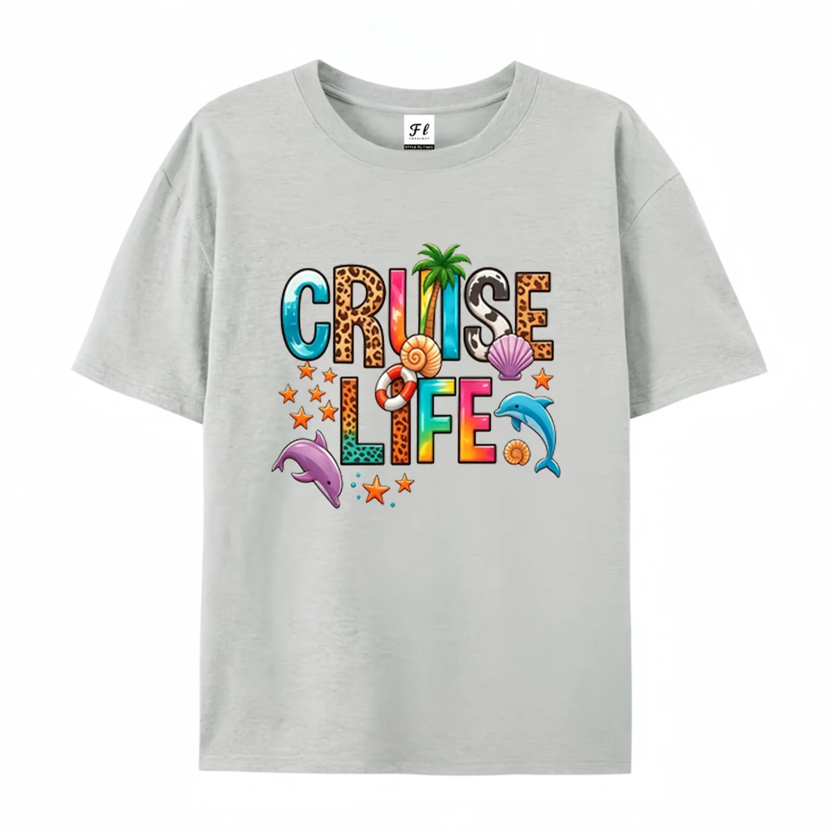 Unisex Short Sleeve T Shirt Cruise Life Leopard Rainbow Letter Dolphin Seashell Graphic Tee Summer Cruise Vacation Casual Tops