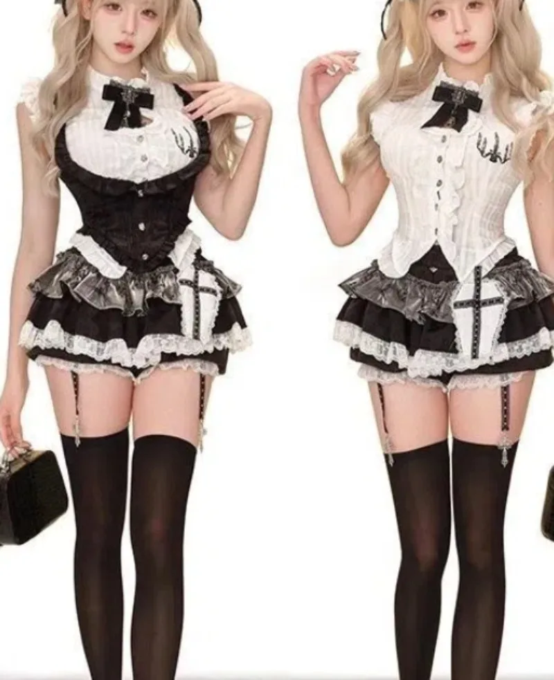 고딕 레트로 컬리지 스타일 슬림 여성용 의상, 리본 셔츠 + 레이스 베스트 + 미니 케이크 스커트, 신상 패션 스윗 빈티지 3종 세트 (2025)