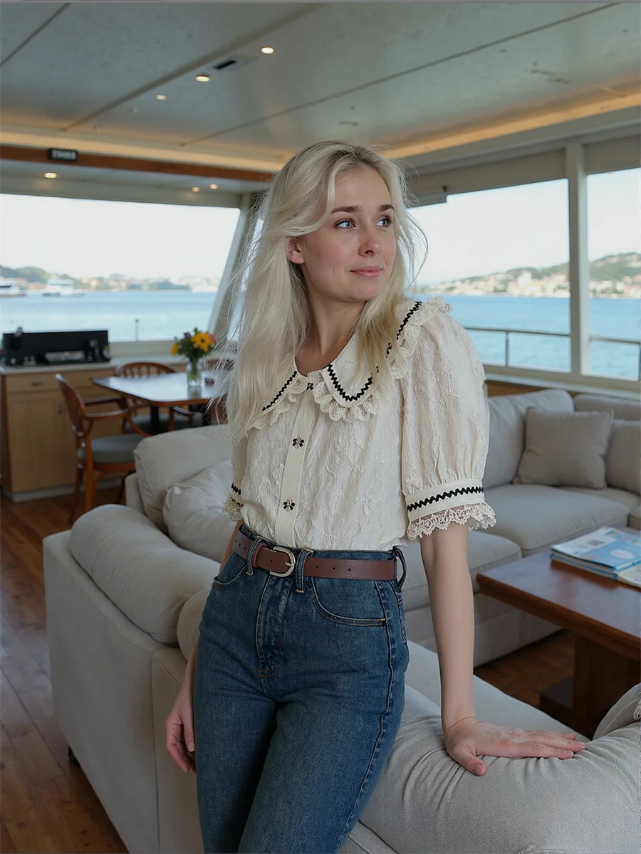 لطيف الدانتيل قمصان الفتيات البلوزات الملابس للنساء الخريف أنيقة خفيفة الوزن تجفيف الرباط المطبوعة الحافة الأساسية جودة الكرتون