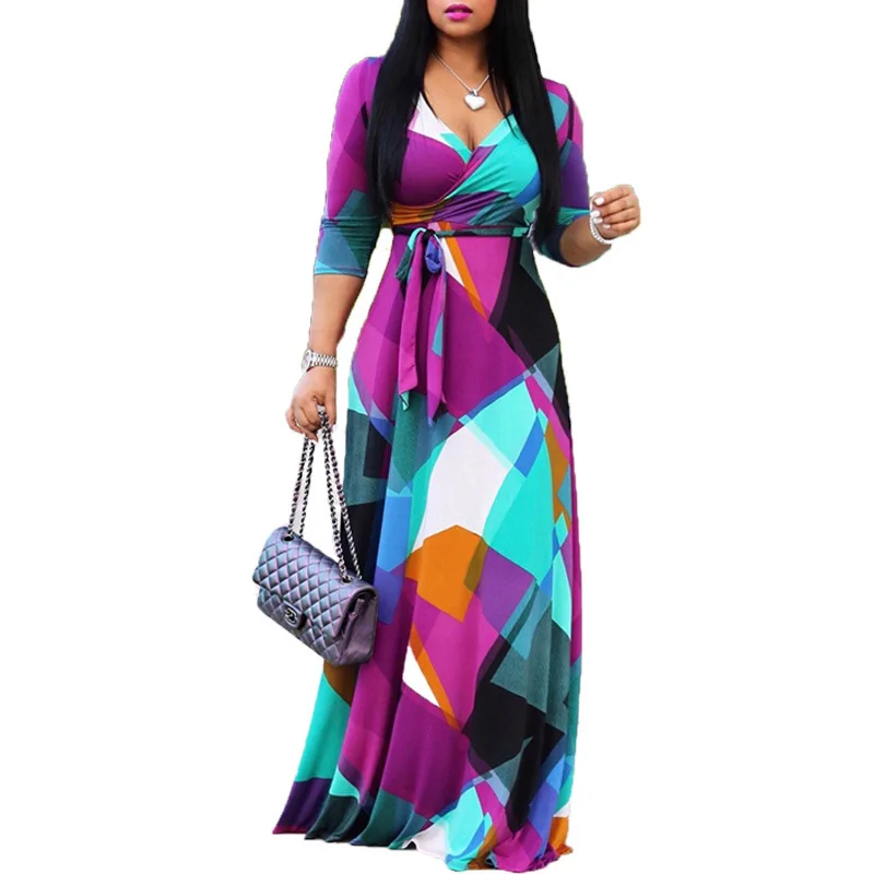 

Muslim Plus Size Maxi Dress for Women Casual Summer Sundress V-Neck 3/4 Sleeve Dresses for Women 2024 Summer