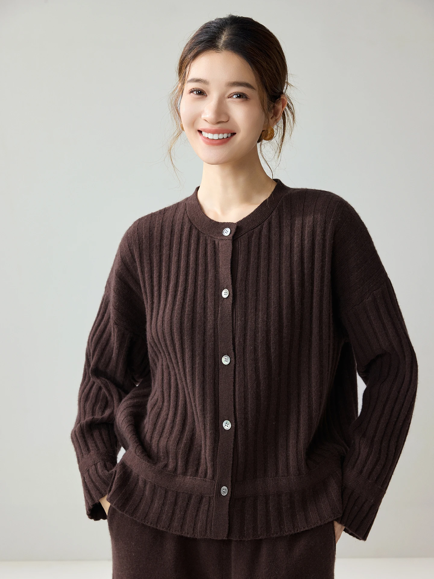 Casual 100% Cashmere Sweater Autumn Winter Woman  O-Neck Cardigan Knitwear Vertical Rib Knit Wide Rib Fitted Waist Coat Clothes