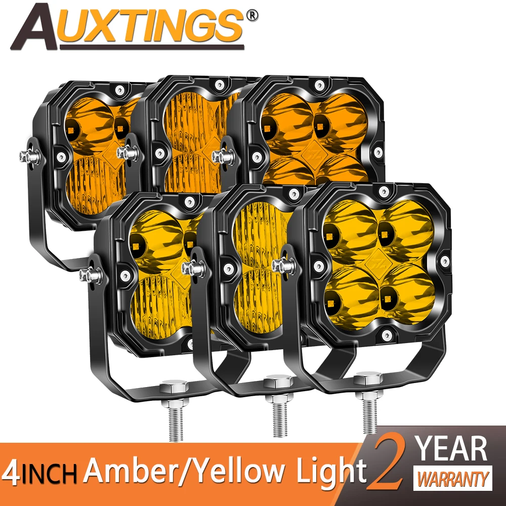Auxtings 4inch 30W LED Cube Pod Light, Flood/Spot/Combo Beam, Amber/Yellow Linkable Driving Light Bar for 4x4 Truck ATV UTV