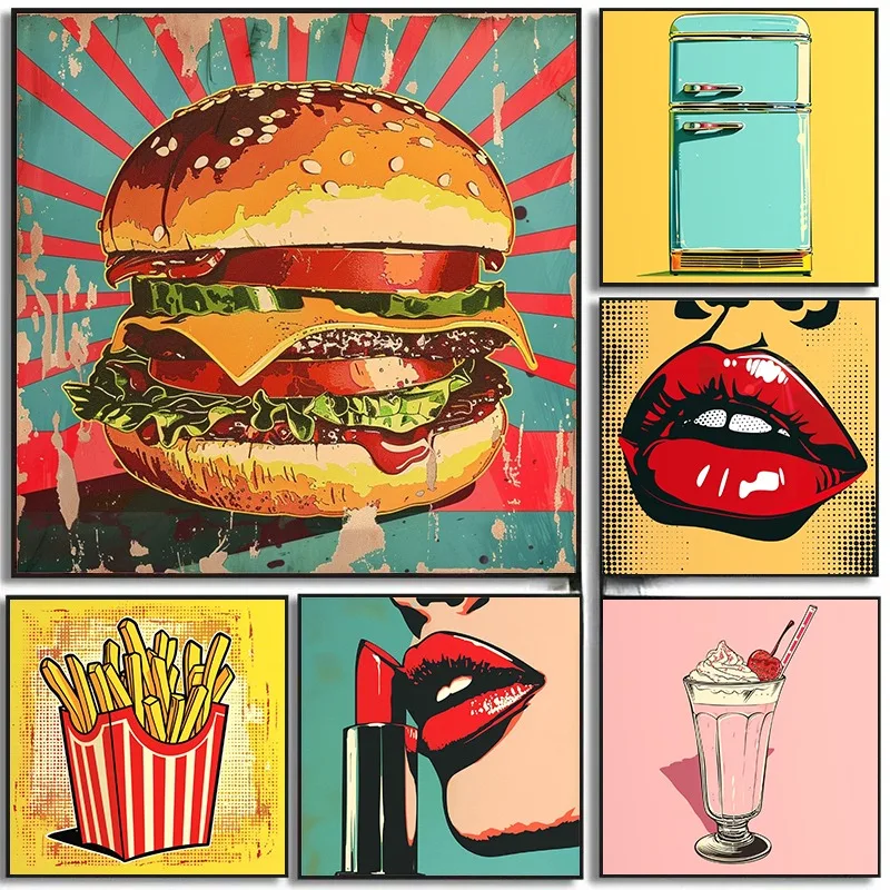 Vintage Pop French Fries Hamburger Women Lipstick Fashion Posters and Prints Canvas Printing Wall Art Picture for Kitchen Decor