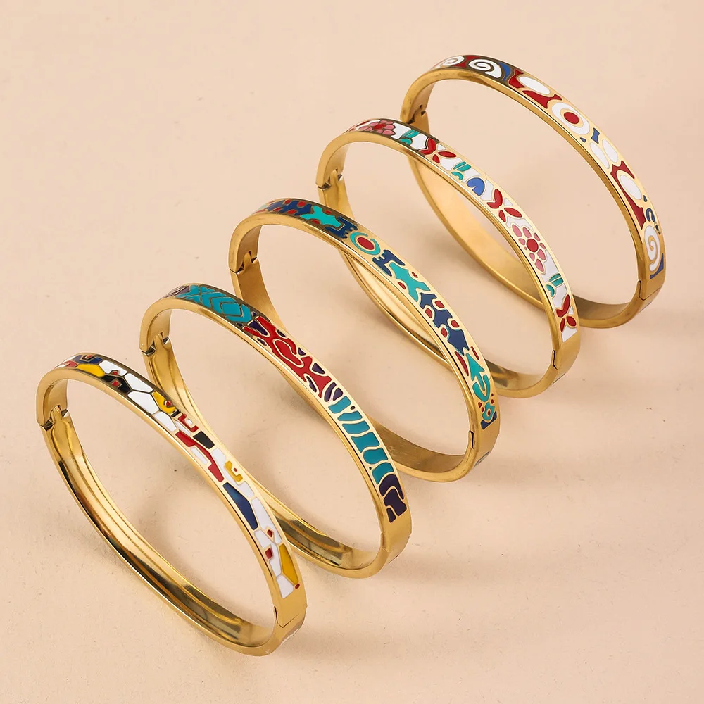 Non Fading Exquisite Enamel Colored Titanium Steel Bracelet, Geometric Drip Oil Flower Fashionable Bracelet For Women