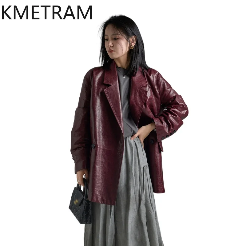 KMETRAM 100% سترة من جلد الغنم بالشمع الزيتي للنساء بوردو سترات من الجلد الطبيعي باللون الأحمر ملابس نسائية للخريف للسيدات 2025 doblianка