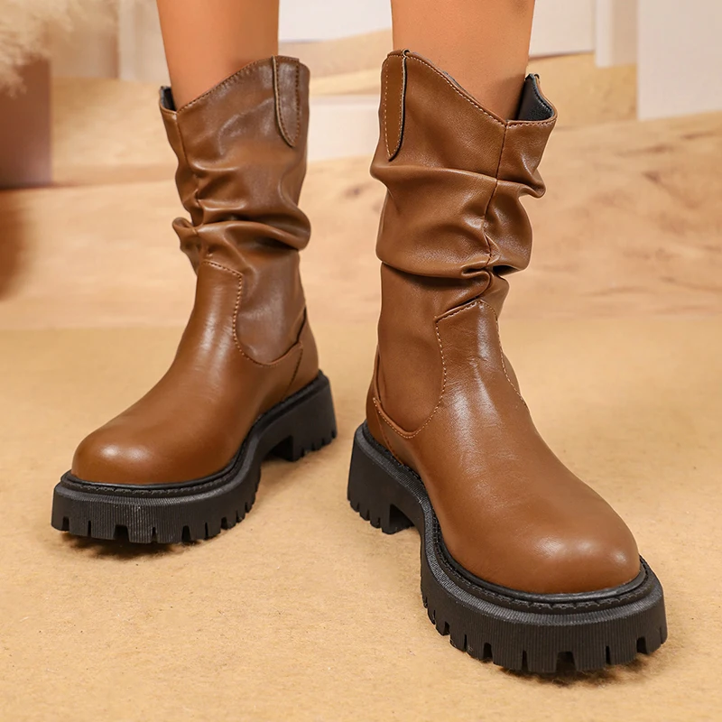 Brown Pu Leather Platform Ankle Boots Women 2026 Autumn Fashion Pleated Thick Sole Short Boots Woman Plus Size 42 Cowboy Shoes