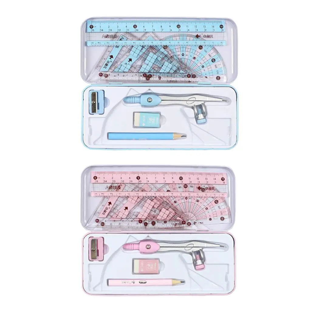 2-4pack Math Geometry Kit 8Pcs Student Supplies Protractor for Drawings blue