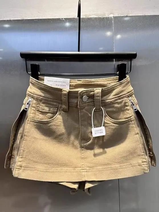 Khaki Side Zipper Denim Short Skirt Women's Summer New Slimming Versatile Sexy A-Line  Skirt High Waist Breathable