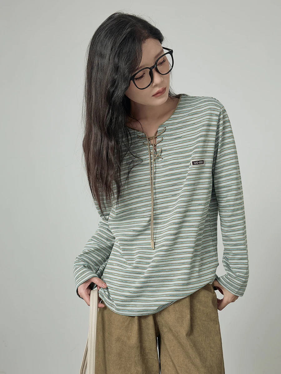 

Women's Striped Long Sve T-irt Loose Casual Design Netie Spring 2026 New Sle round Ne Regular Length Top