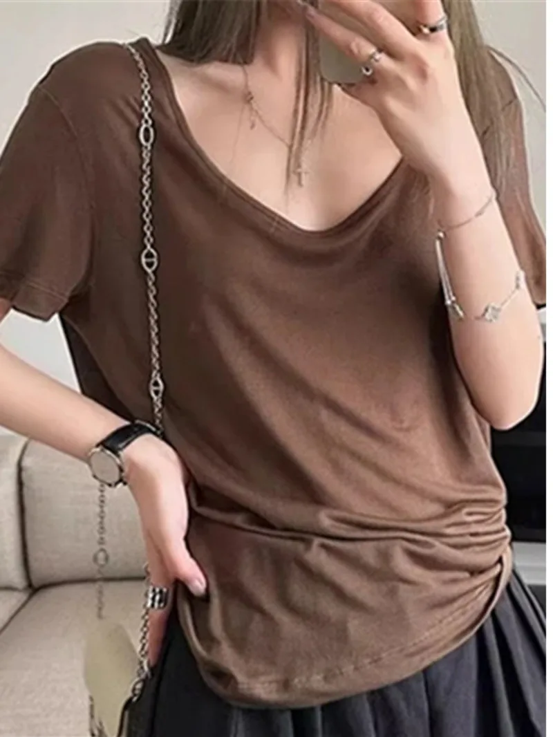 Women's 2024 Summer New Slimming Short Sleeves T-shirt Pure Desire Style U-neck Loose Drape Basic Versatile Solid Top C785