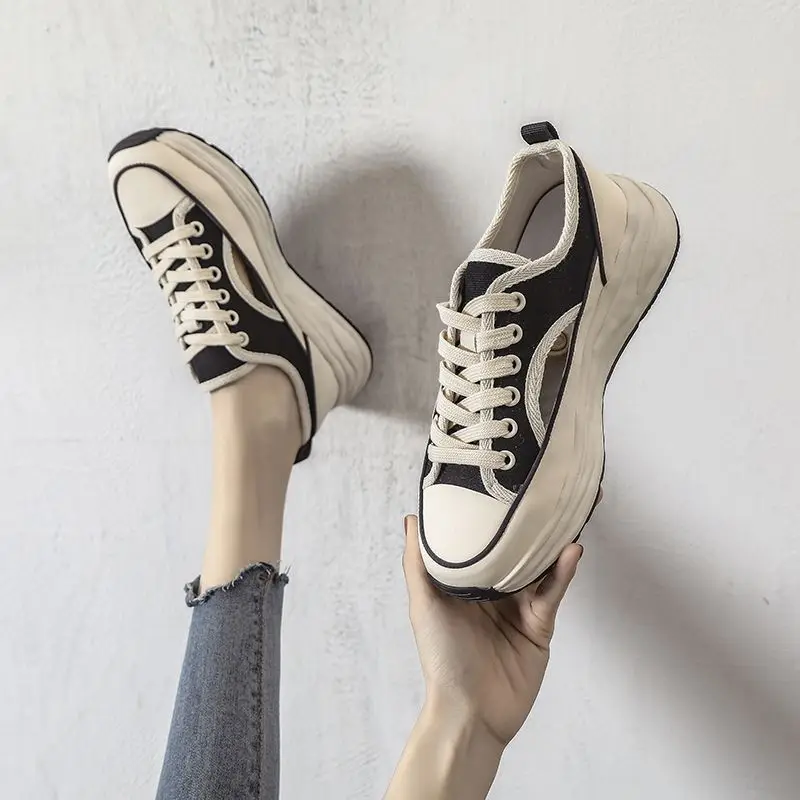 Women Footwear Black Canvas Ladies Shoes Lace Up Low Trends 2024 Y2k Fashion Summer Luxury Shoe on Offer Walking New Light A 39