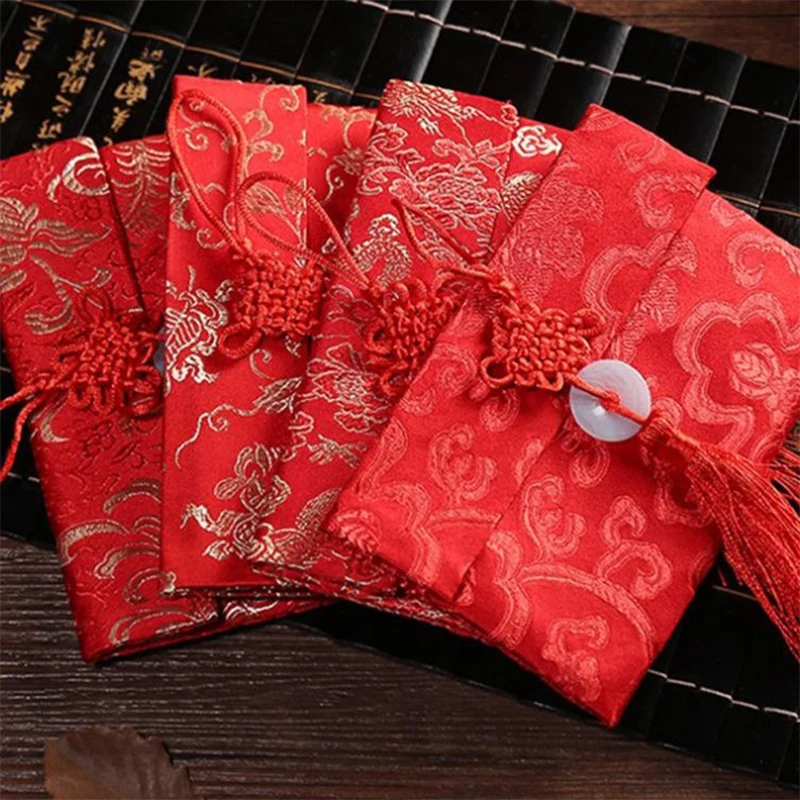 Saco de presente envelope vermelho com nó chinês, pacotes vermelhos de ano novo, casamento tradicional, bolso da sorte, sacos com borla para casamento, festival de primavera