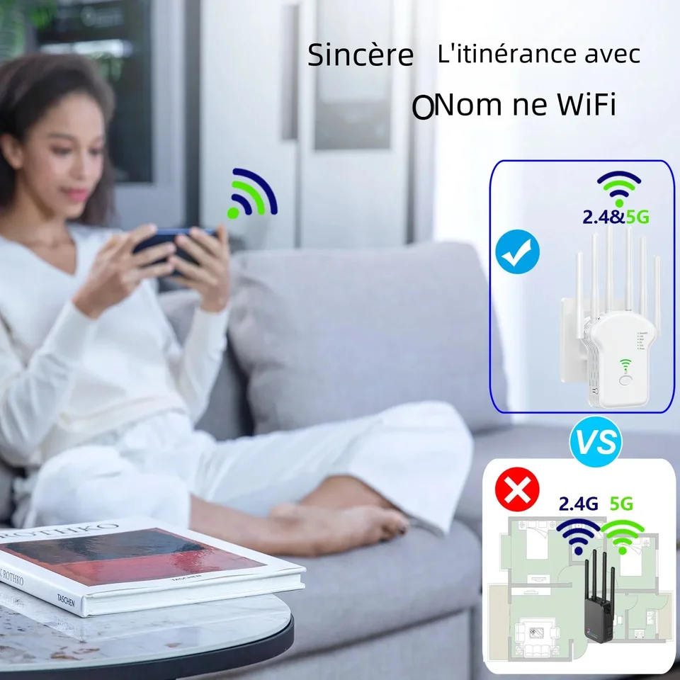 Répéteur WiFi Puissant 1200Mbps Double Bande - WiFi 6, 2 Ports LAN - Compatible Toutes Box - Couverture Jusqu'à 120 M² Repeteur Wifi 7