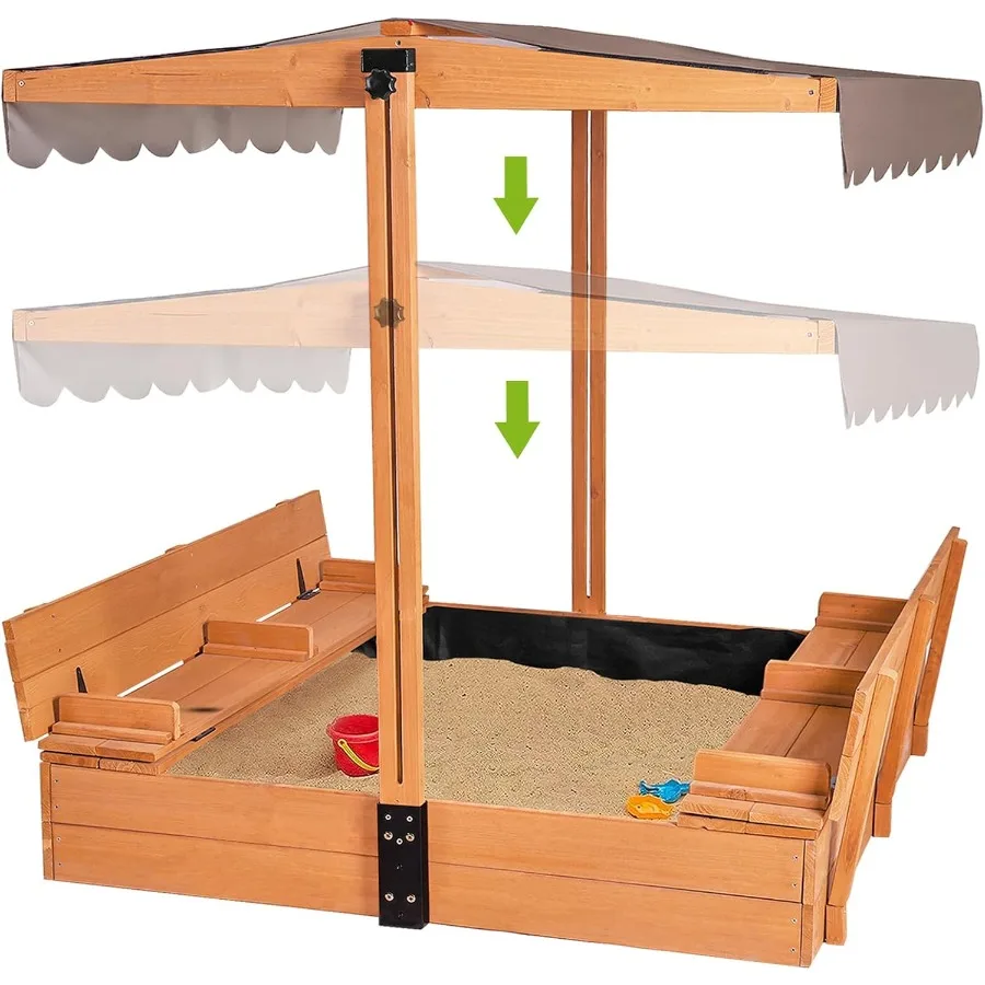 Wooden Outdoor Sandbox w Canopy 2 Foldable Bench Seats Retractable Roof Sand Protection Liner 47x47Inch